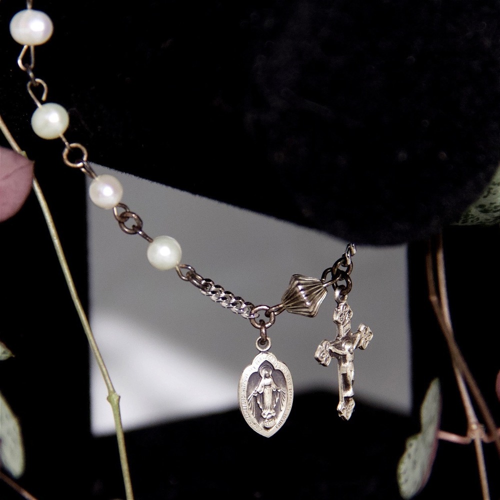 Sterling Silver Rosary Bracelet Freshwater Pearl Miraculous Medal Crucifix 7in